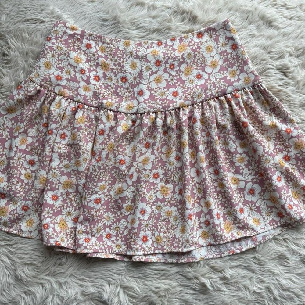 Aqua A-Line Ruffle Mini Skirt Pink Ditsy Floral MEDIUM NWT